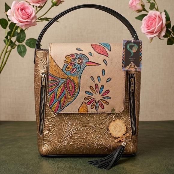 Handmade Mexican Tooled Leather Backpack - Hand Painted Hummingbird Design main image 4